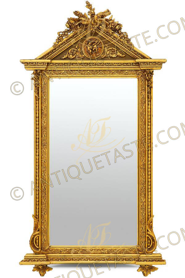 Louis XVI revival architectural form carved and patina gilt pier grand mirror, gilt with French gold foils and applied with neo-classical Greek Revival elements